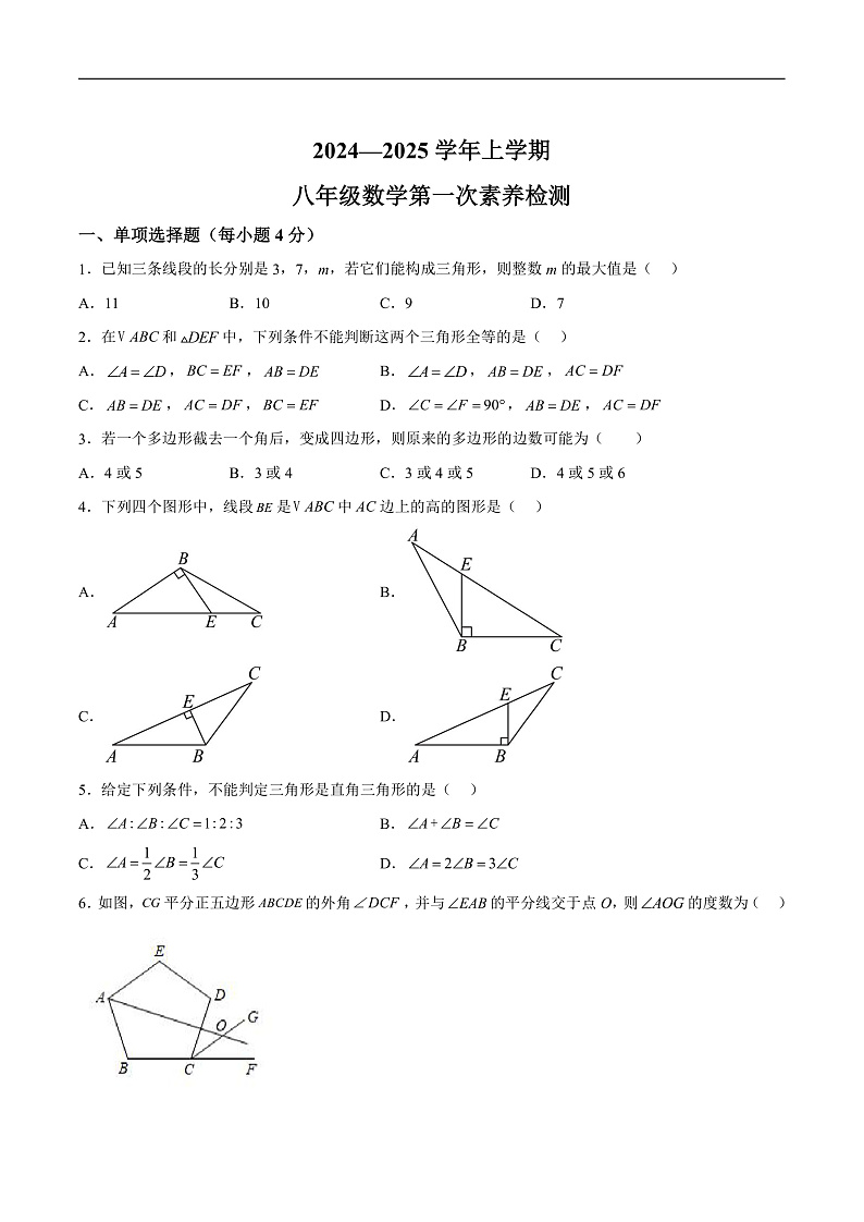 山东省德州市宁津县第四实验中学2024-2025学年八年级上学期10月第一次素养检测数学试卷(含解析)第1页