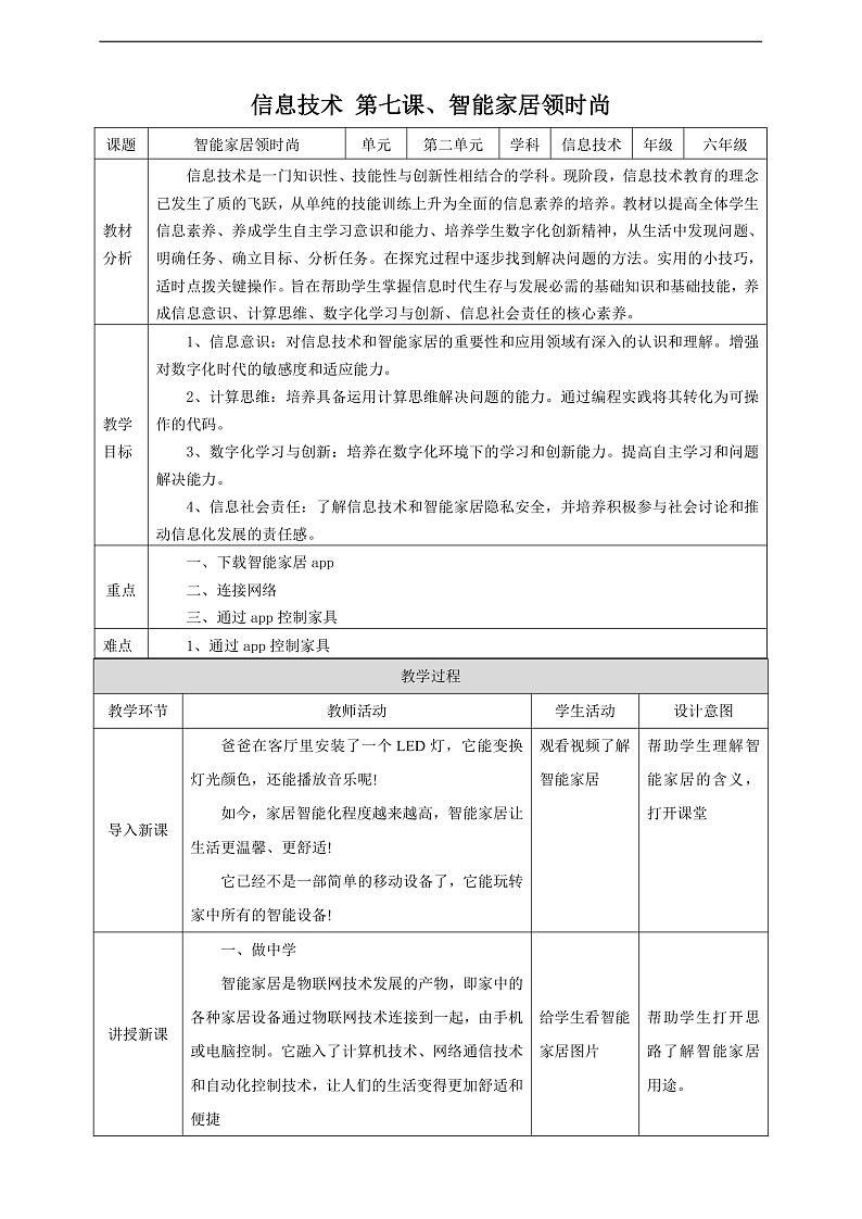 【核心素养】 泰山版信息技术第六册 第7课《智能家居领时尚》教案第1页