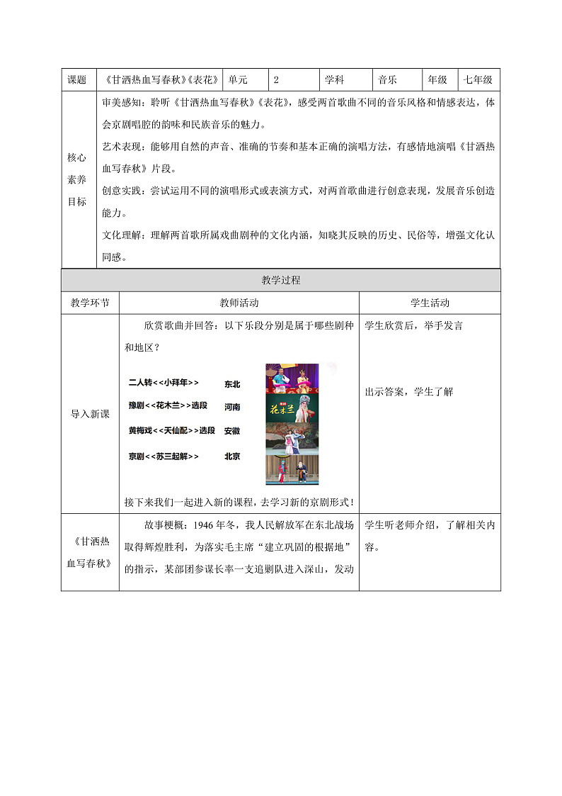 【新教材】人音版初中音乐七下第二单元《甘洒热血写春秋》《表花 》教案第1页