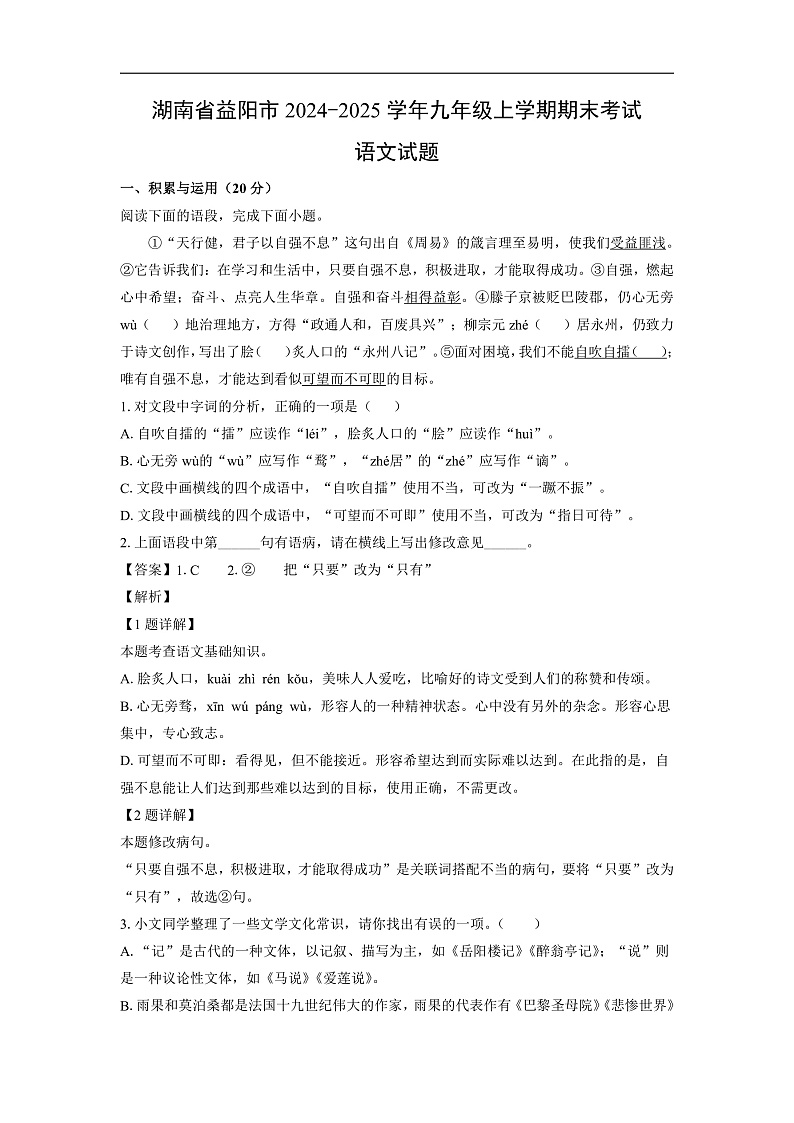 湖南省益阳市2024-2025学年九年级上学期期末考试语文试卷（解析版）第1页