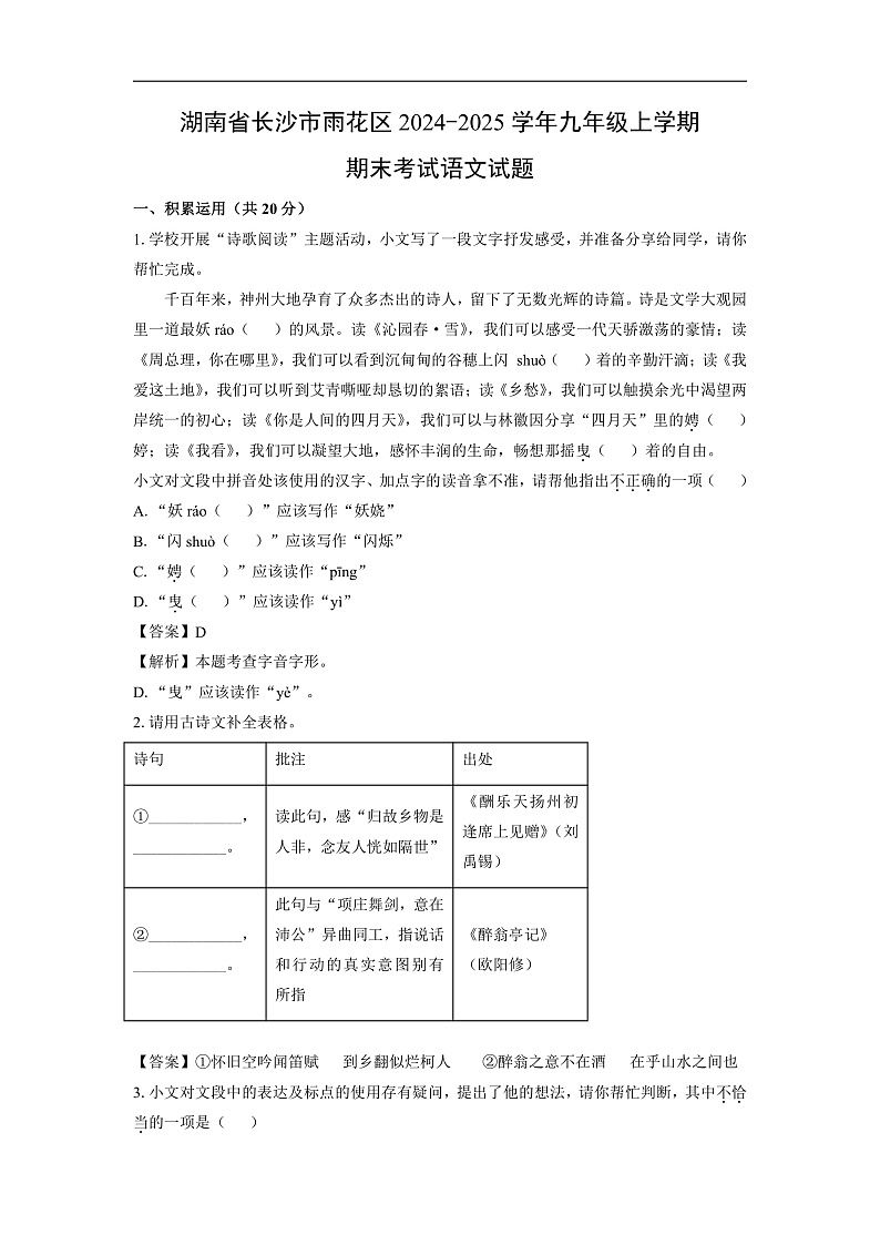 湖南省长沙市雨花区2024-2025学年九年级上学期期末考试语文试卷（解析版）第1页