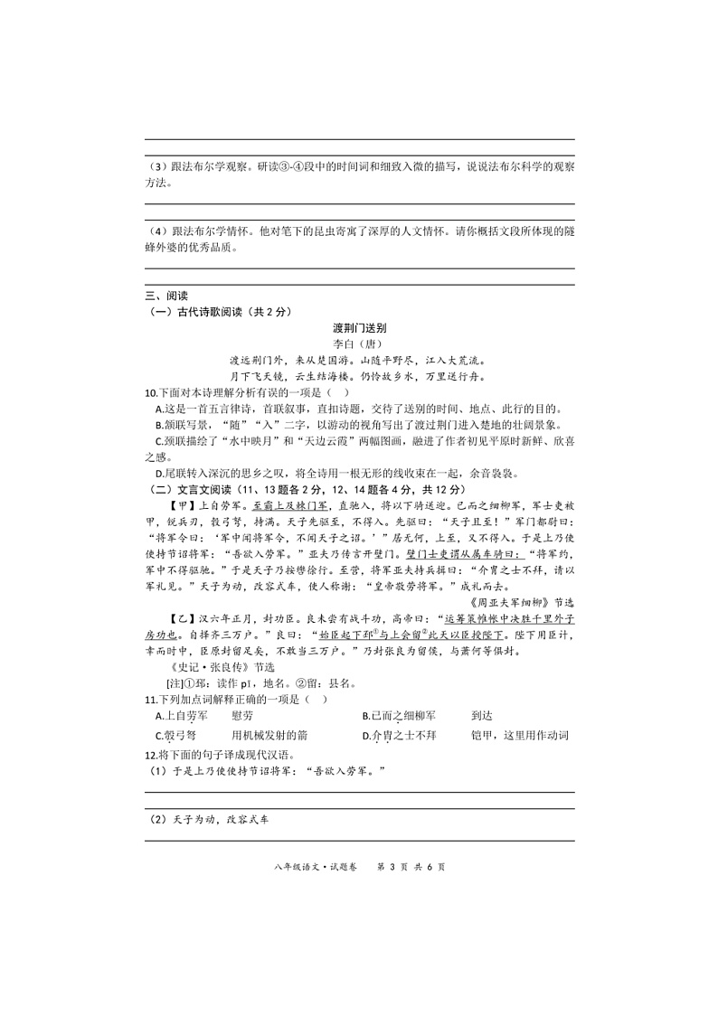 2024～2025学年新疆乌鲁木齐市第十三中学八年级上期末测试语文试卷(含解析)第3页