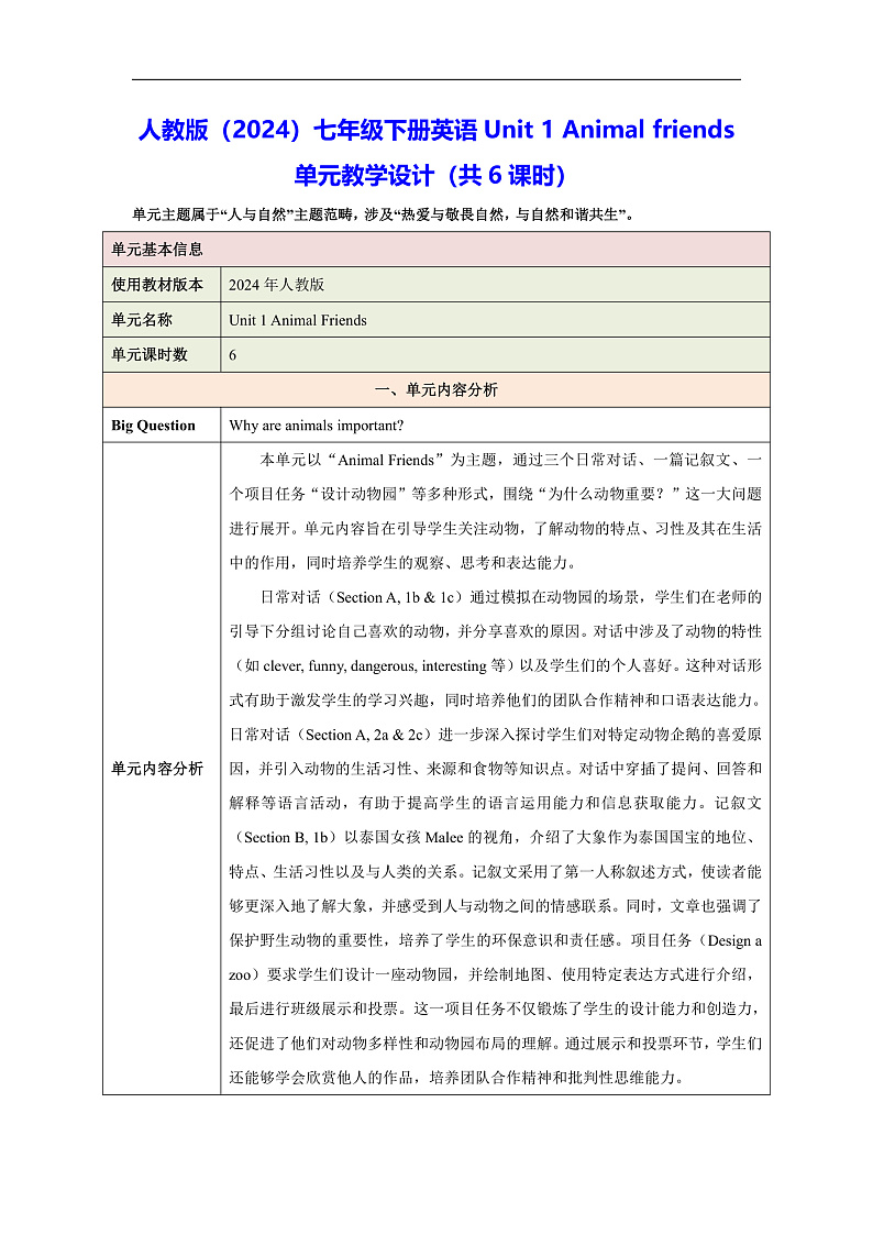 人教版（2024）七年级下册英语Unit 1 Animal friends单元教学设计（共6课时）第1页