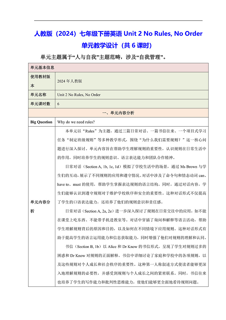 人教版（2024）七年级下册英语Unit 2 No Rules, No Order单元教学设计（共6课时）第1页