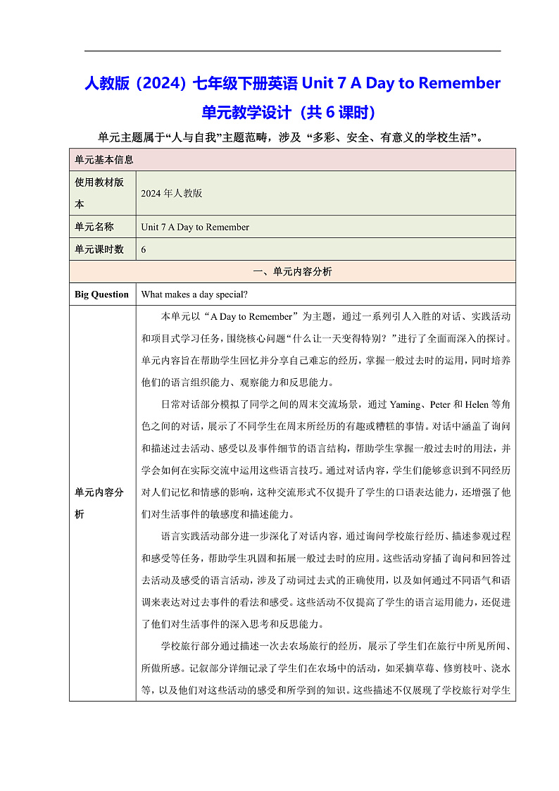 人教版（2024）七年级下册英语Unit 7 A Day to Remember 单元教学设计（共6课时）第1页