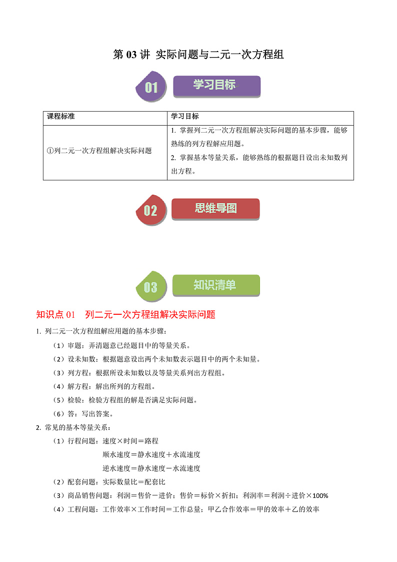 第03讲 实际问题与二元一次方程组（1个知识点+4类热点题型讲练+习题巩固）（教师版） 人教版七年级数学下册同步练习第1页