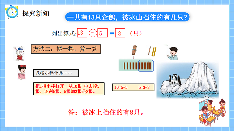 冀教版一年级数学下册第一单元4《被冰山挡住的有几只？（13.14减几）》第7页