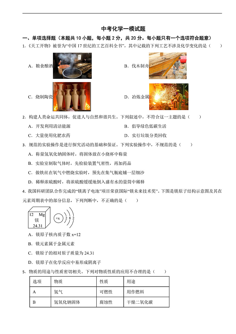 山东省济南市莱芜区2025年中考化学一模试题含答案第1页