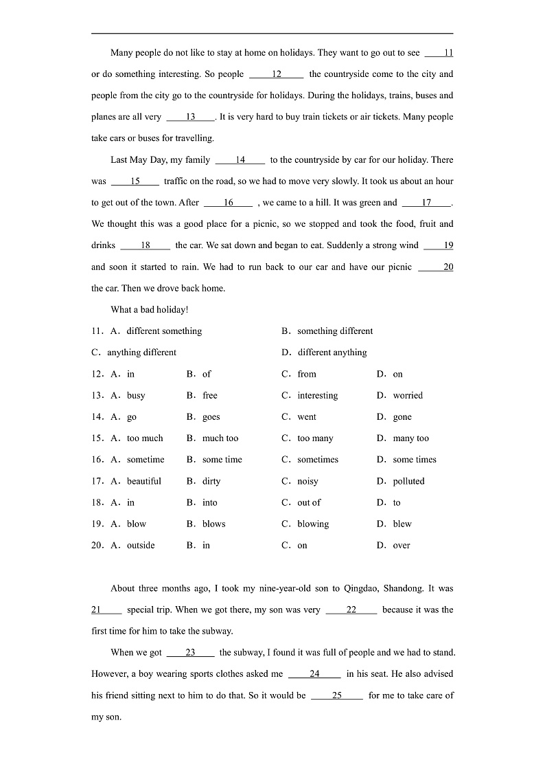Unit 6 Enjoying Cycling 完形填空（含解析）仁爱版 八年级下册英语题型专项练习第2页