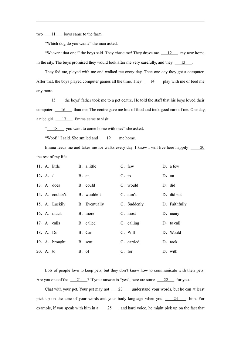 Unit 6 Pets 完形填空（含解析）牛津深圳版 八年级下册英语题型专项练习第2页