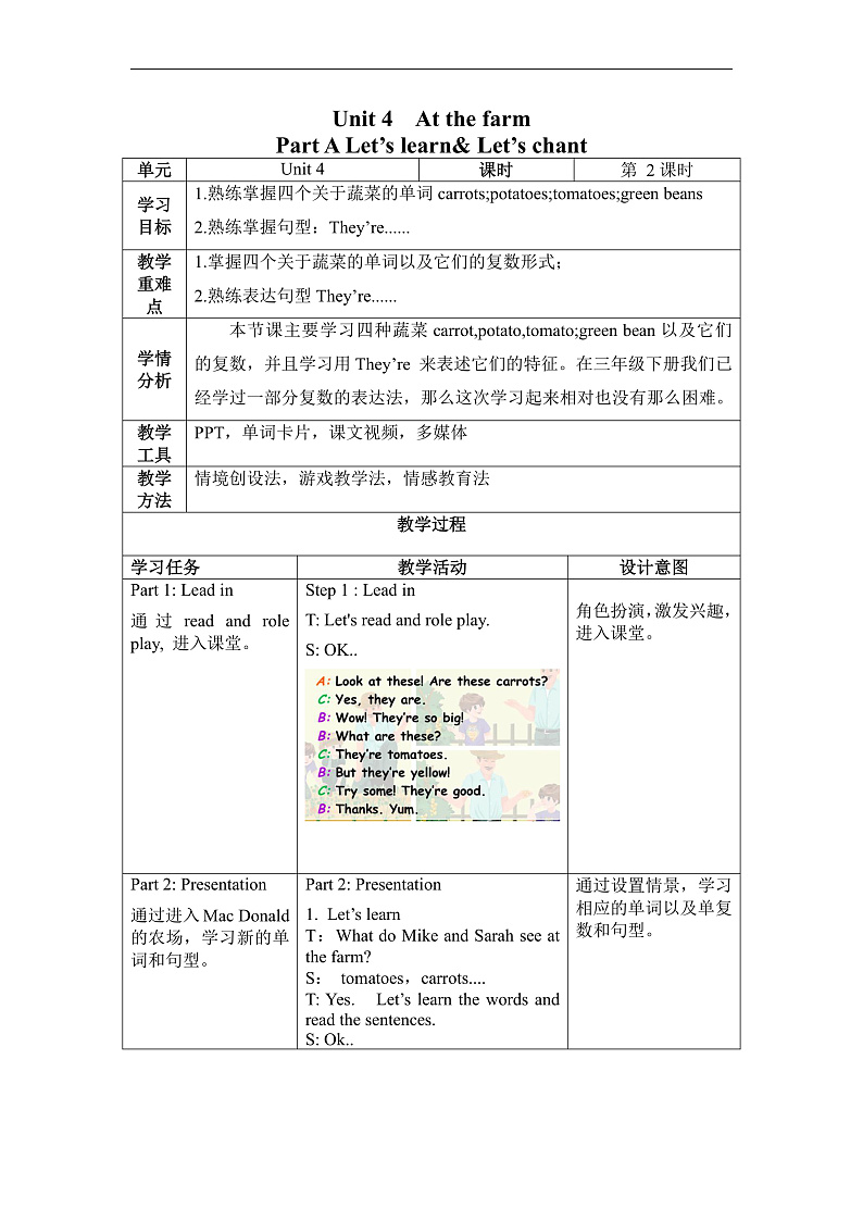 Unit4 第2课时（教学设计）Part A Let's learn & Let's chant 第1页