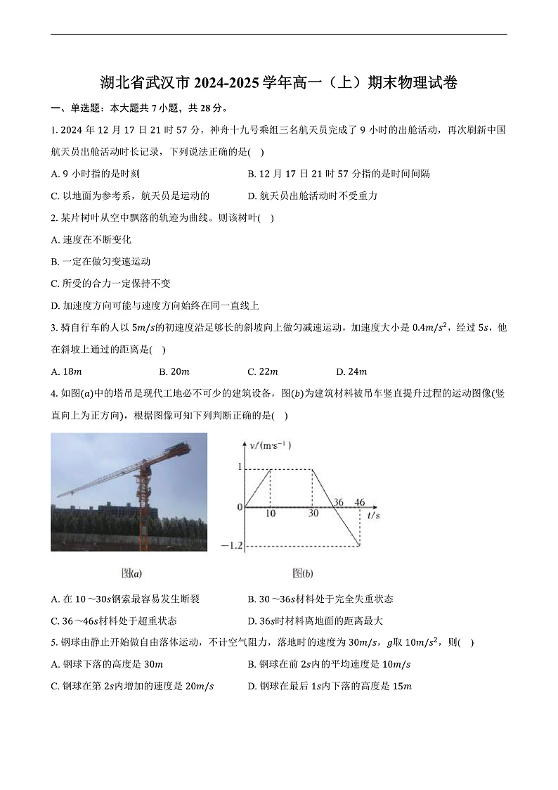 湖北省武汉市2024-2025学年高一（上）期末物理试卷第1页