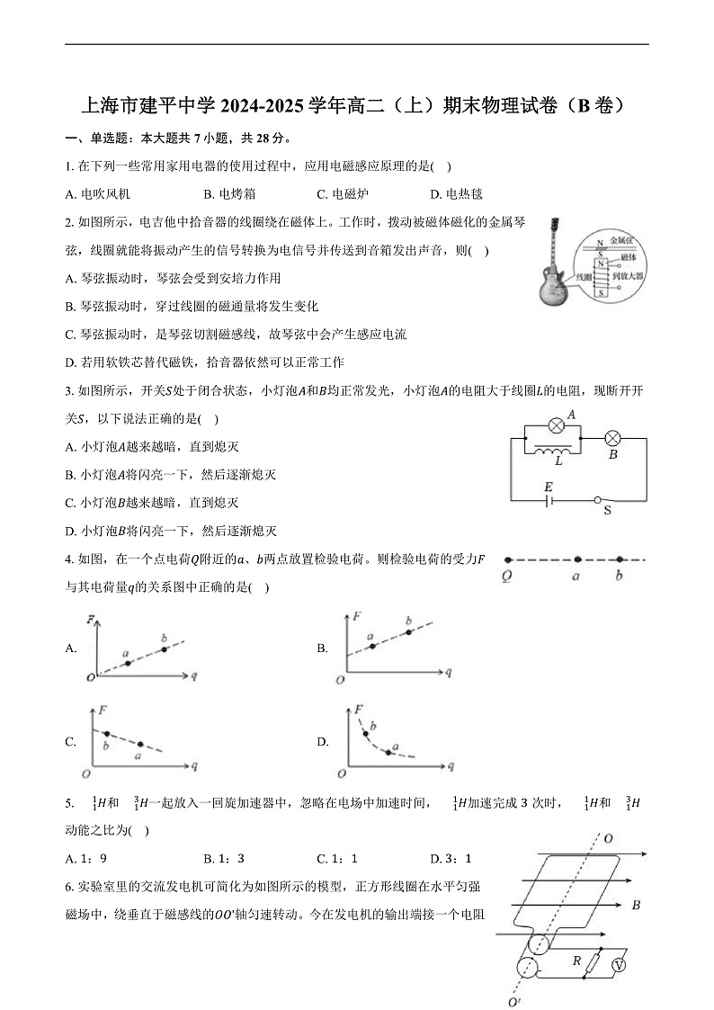 上海市建平中学2024-2025学年高二（上）期末物理试卷（B卷）第1页