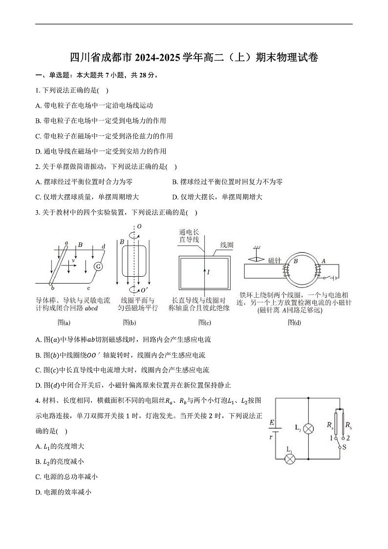 四川省成都市2024-2025学年高二（上）期末物理试卷第1页