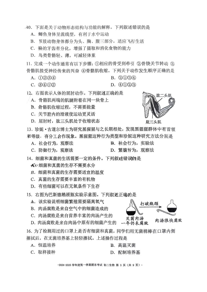北京市第二中学教育集团2024-2025学年八年级上学期期末考试 生物试卷第3页