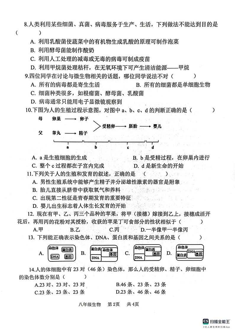 河南省开封市祥符区2024-2025学年八年级上学期期末调研考试 生物试题第2页