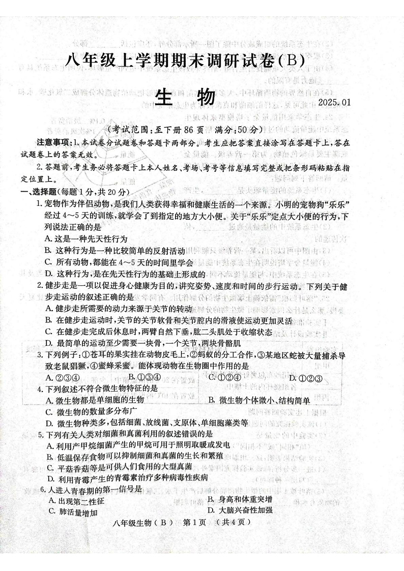 河南省林州市2024--2025学年八年级上学期期末 生物试卷第1页