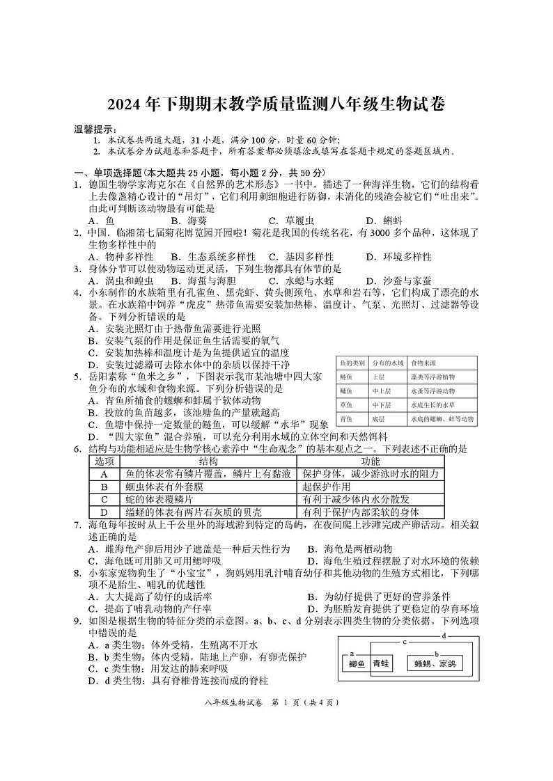 湖南省岳阳市2024--2025学年八年级上学期期末教学质量监测 生物试卷第1页