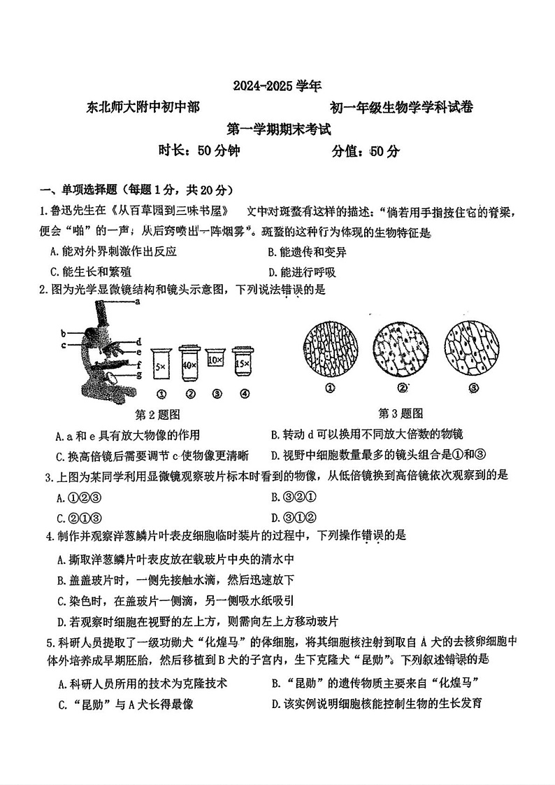 吉林省长春市东北师范大学附属中学2024-2025学年七年级上学期期末考试 生物试题第1页