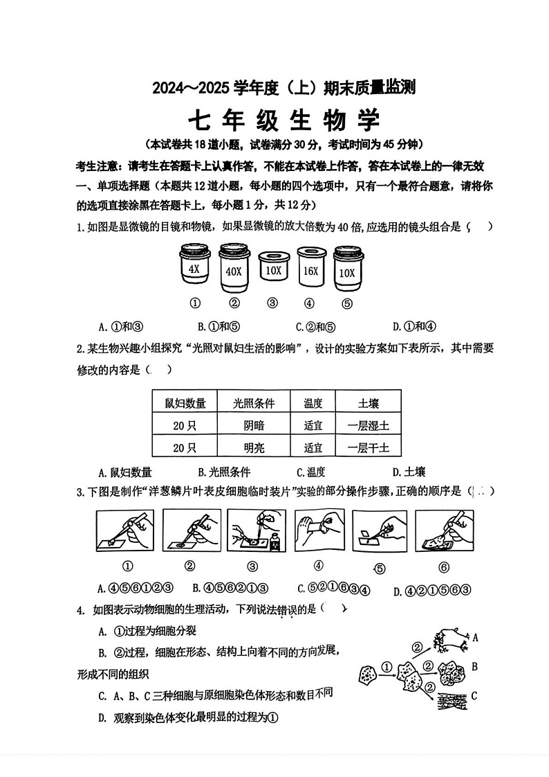 辽宁省沈阳市皇姑区2024-2025学年七年级上学期期末考试 生物试题第1页