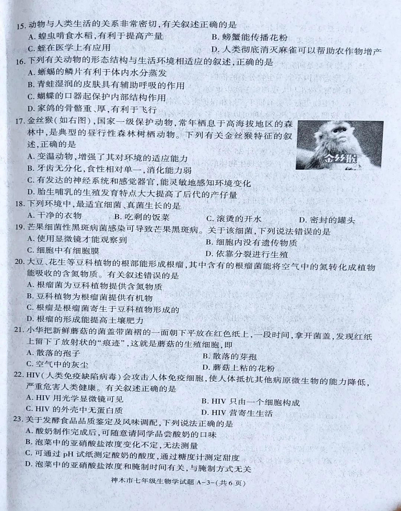 陕西省榆林市神木市2024-2025学年七年级上学期期末质量检测调研 生物试题第3页