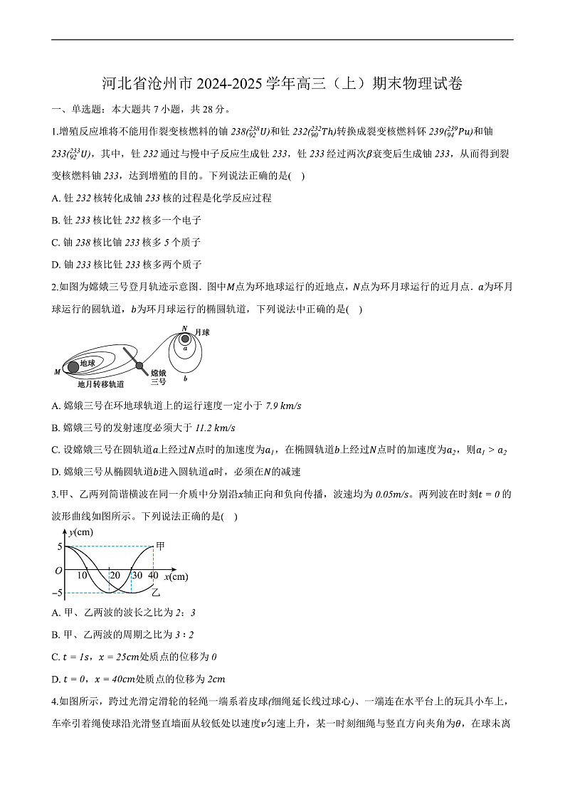 河北省沧州市2024-2025学年高三（上学期）期末 物理试卷第1页