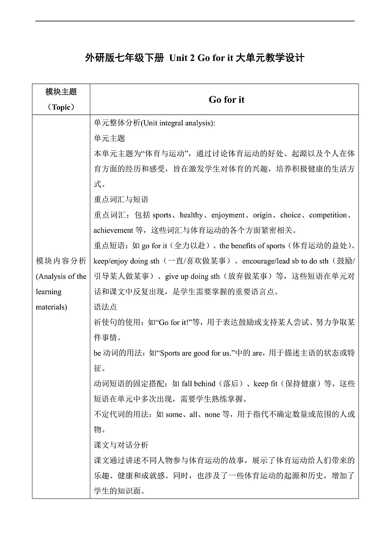 Unit 2 Go for it!大单元教学设计第三课时Developing ideas Reading for writing 2025春新外研版七年级下册英语第1页