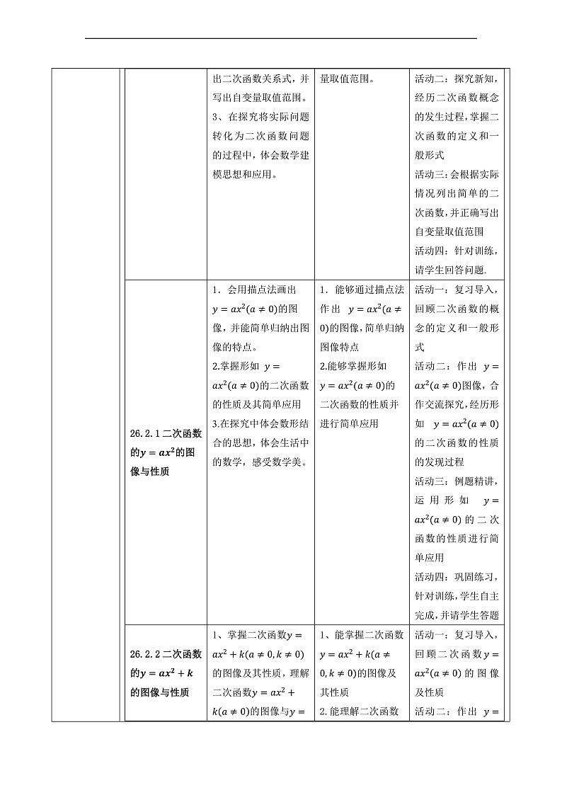 华师大版数学九年级下册第26章《二次函数》大单元教学设计第3页