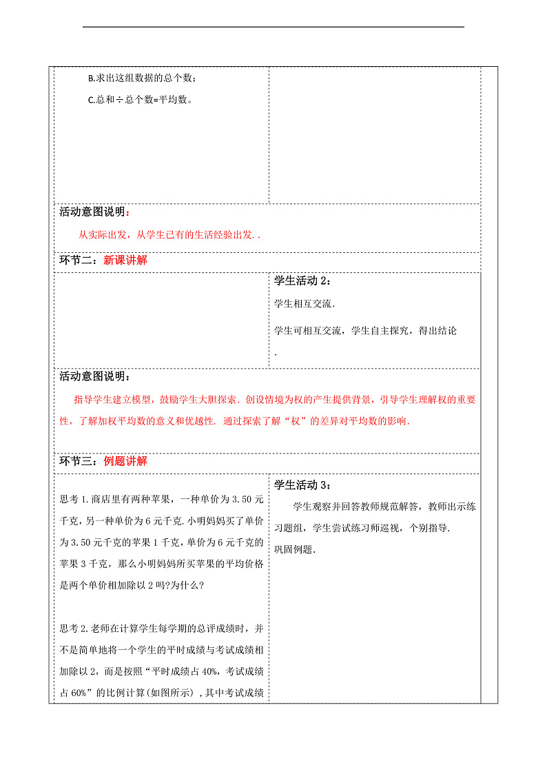 华师大版数学八年级下册20.1.3《加权平均数》教案第2页