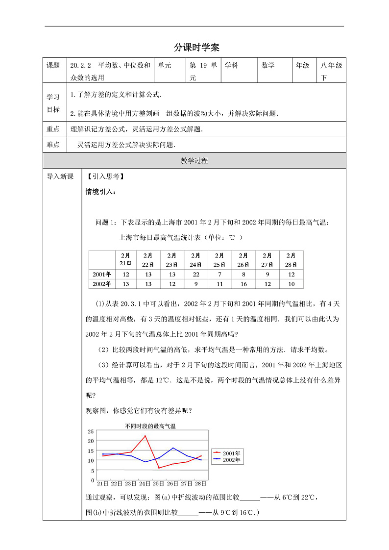 华师大版数学八年级下册20.3.1《方差》学案第1页