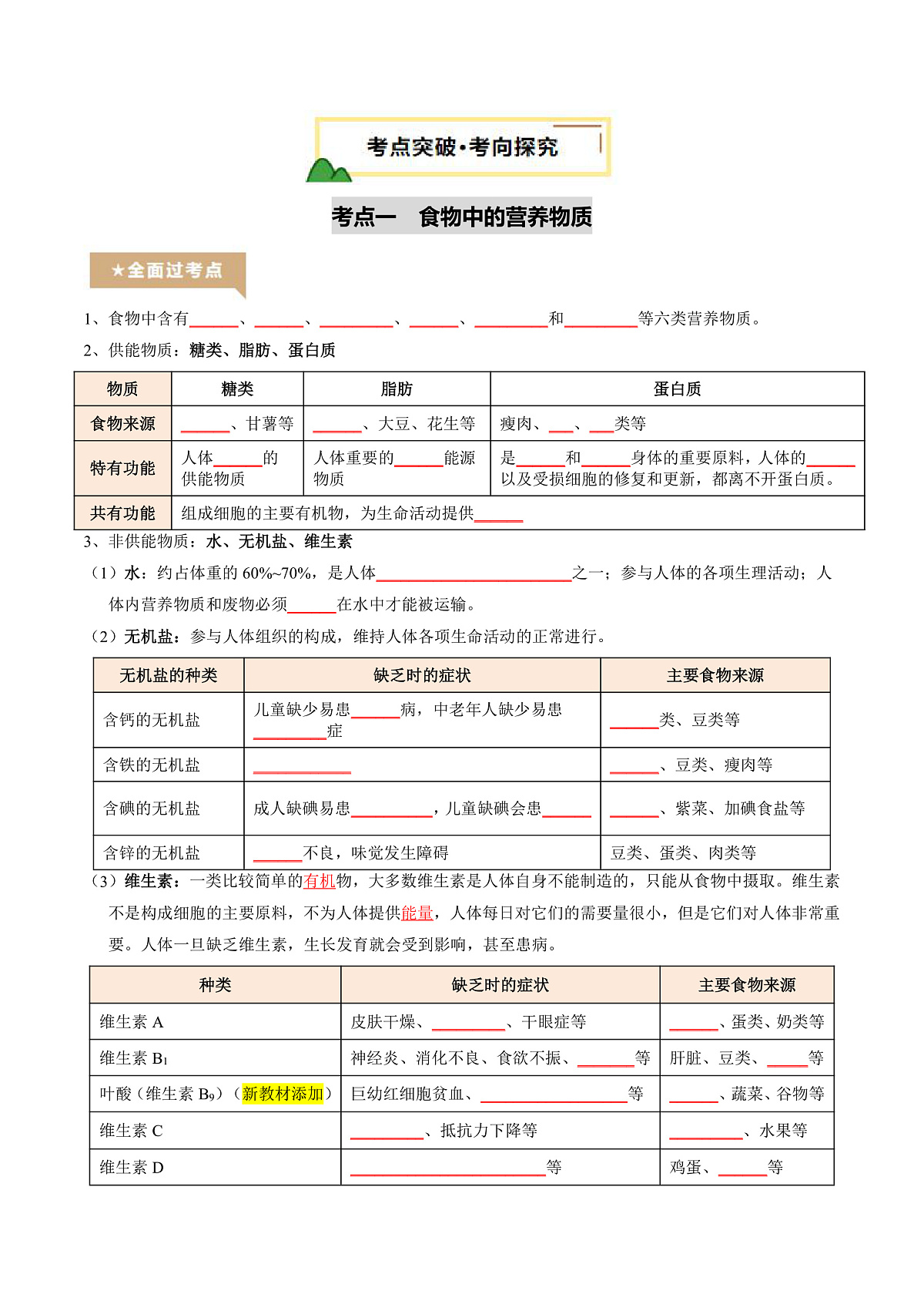 中考生物一轮复习 第11讲 人体的营养（精研讲义）（原卷版）第3页
