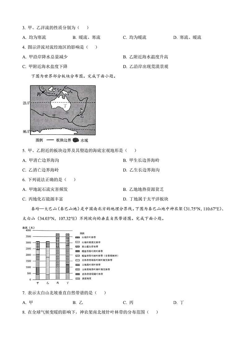 浙江省杭州市2024-2025学年高二上学期期末学业水平测试地理试题  Word版无答案第2页