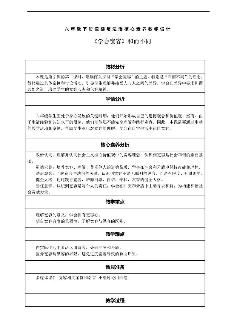 【核心素养】第2课《学会宽容》第2课时 和而不同 教案设计含反思第1页
