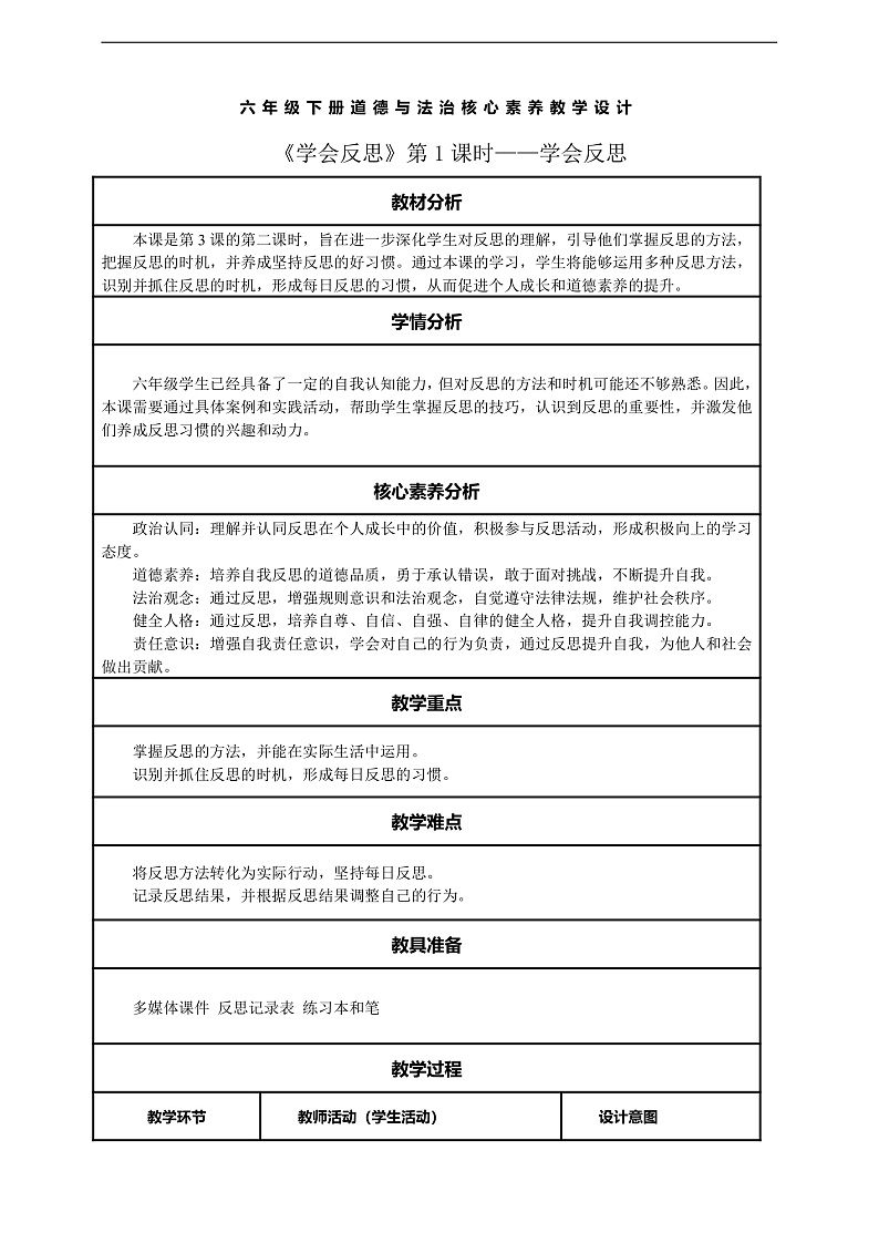 【核心素养】第3课《学会反思》第2课时——养成反思好习惯 教案含反思第1页