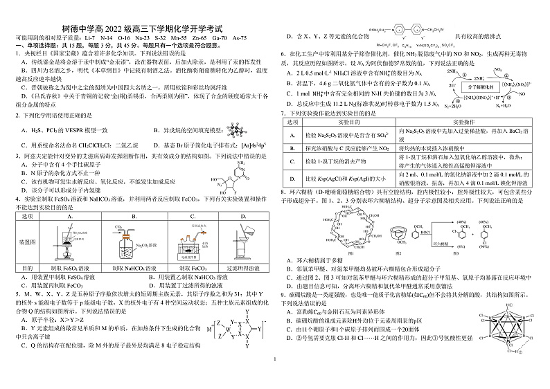 四川省成都市树德中学2024-2025学年高三下学期开学考试化学试题（PDF版附答案）第1页