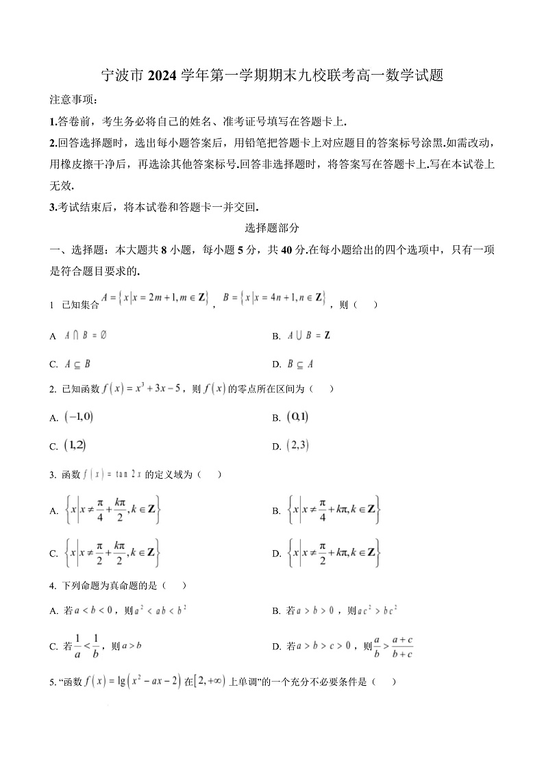 浙江省宁波市九校2024-2025学年高一上学期期末联考数学试题  Word版无答案第1页