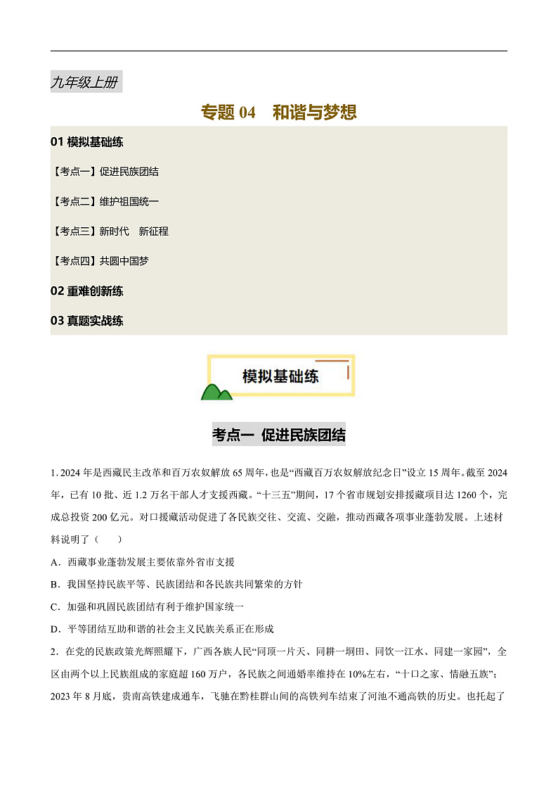 2025年中考道德与法治一轮复习 专题04 和谐与梦想（练习）（原卷版）第1页