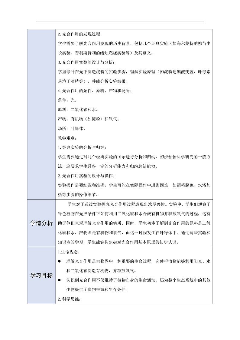 【大单元教学】人教版生物七下 3.2.2光合作用（第一课时）教学设计第2页