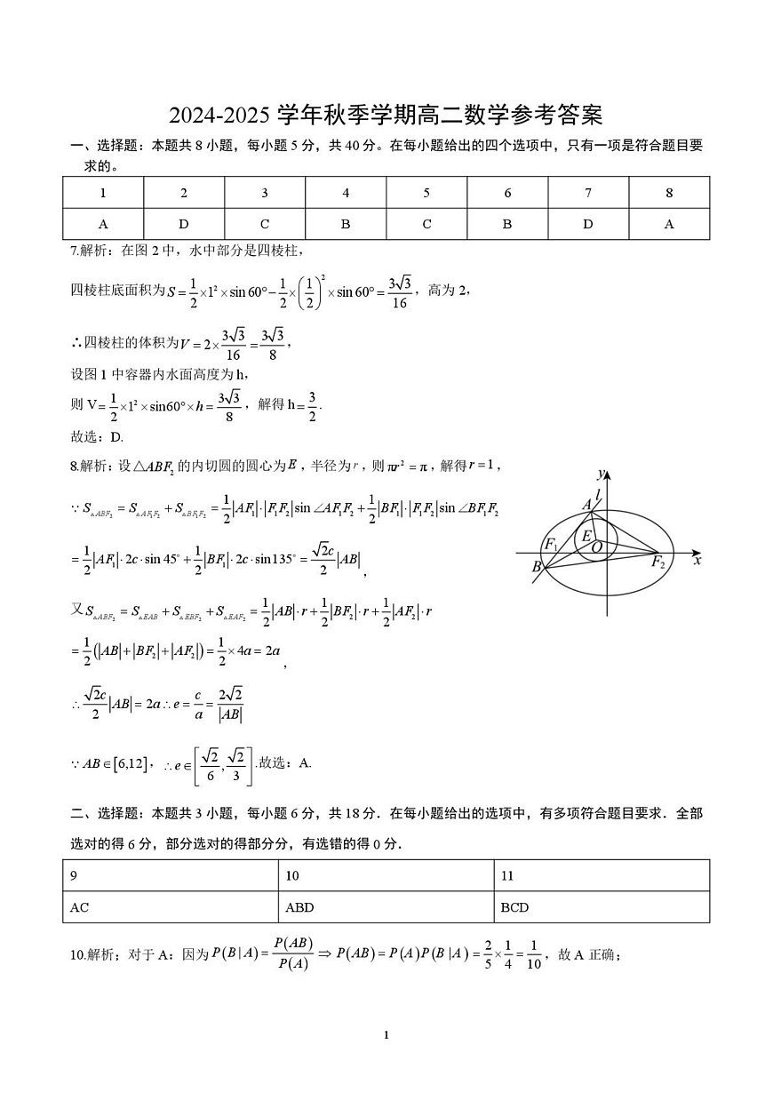 2024-2025学年秋季学期高二数学参考答案第1页