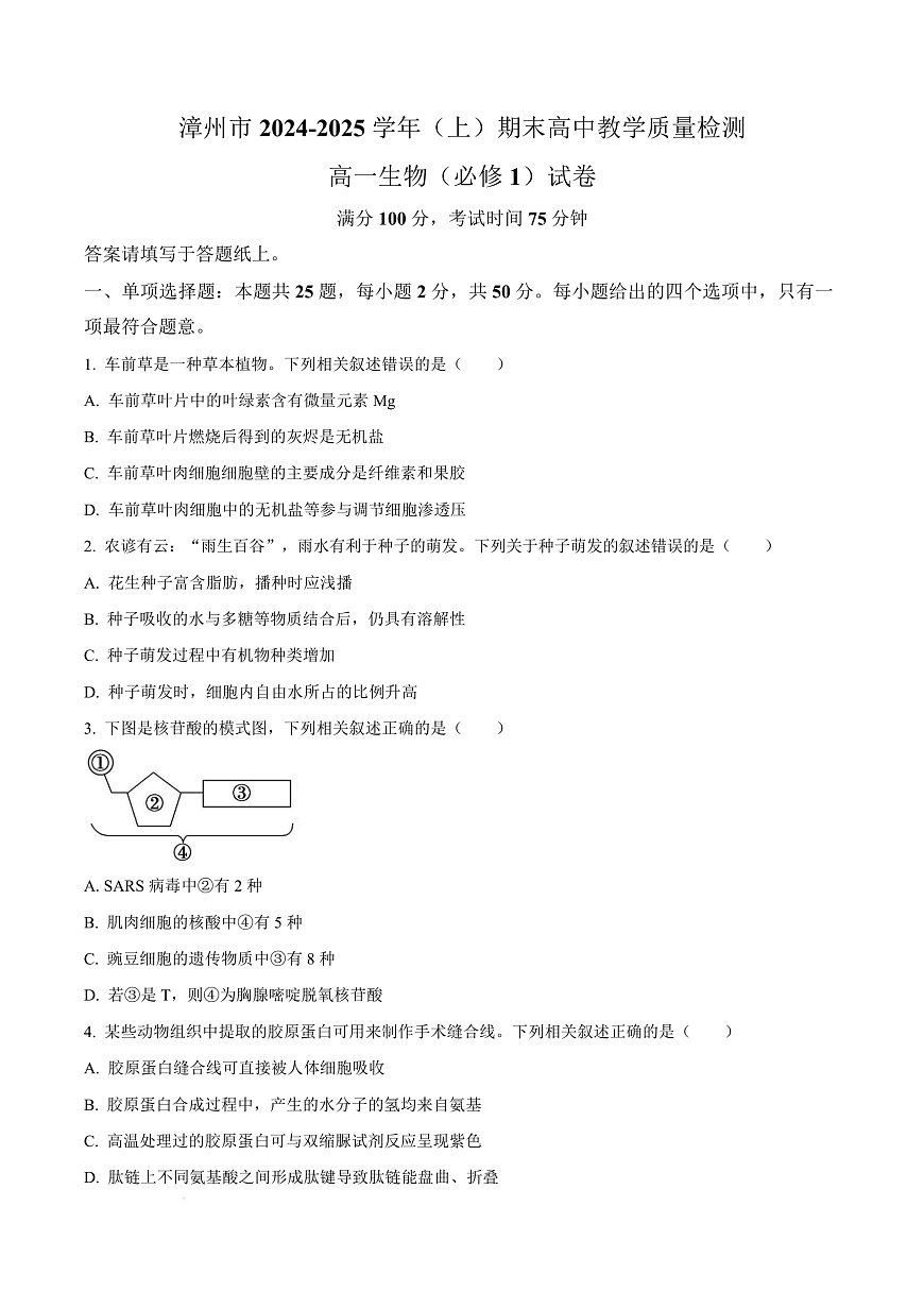 福建省漳州市2024-2025学年高一上学期期末考试生物试题  Word版无答案第1页