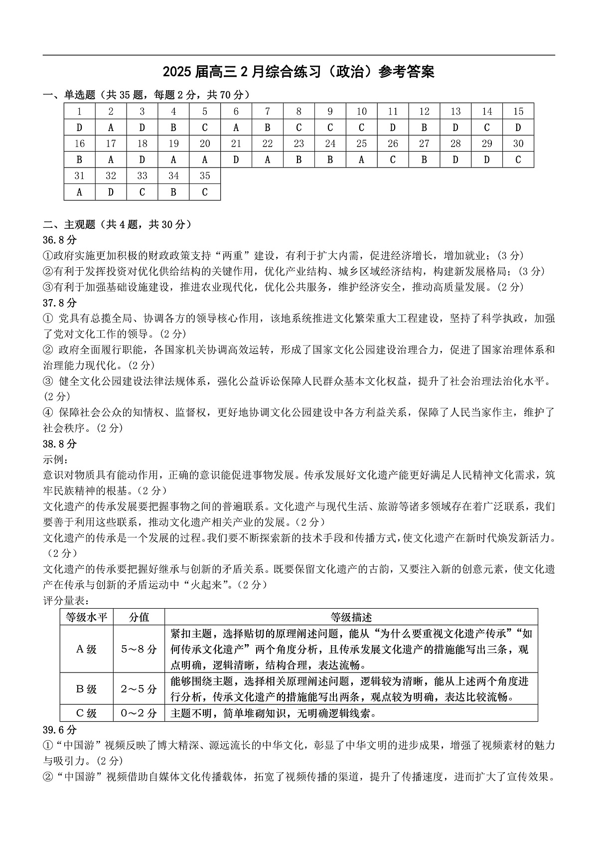 江苏省锡山高级中学2024-2025学年高三下学期2月综合练习政治答案第1页