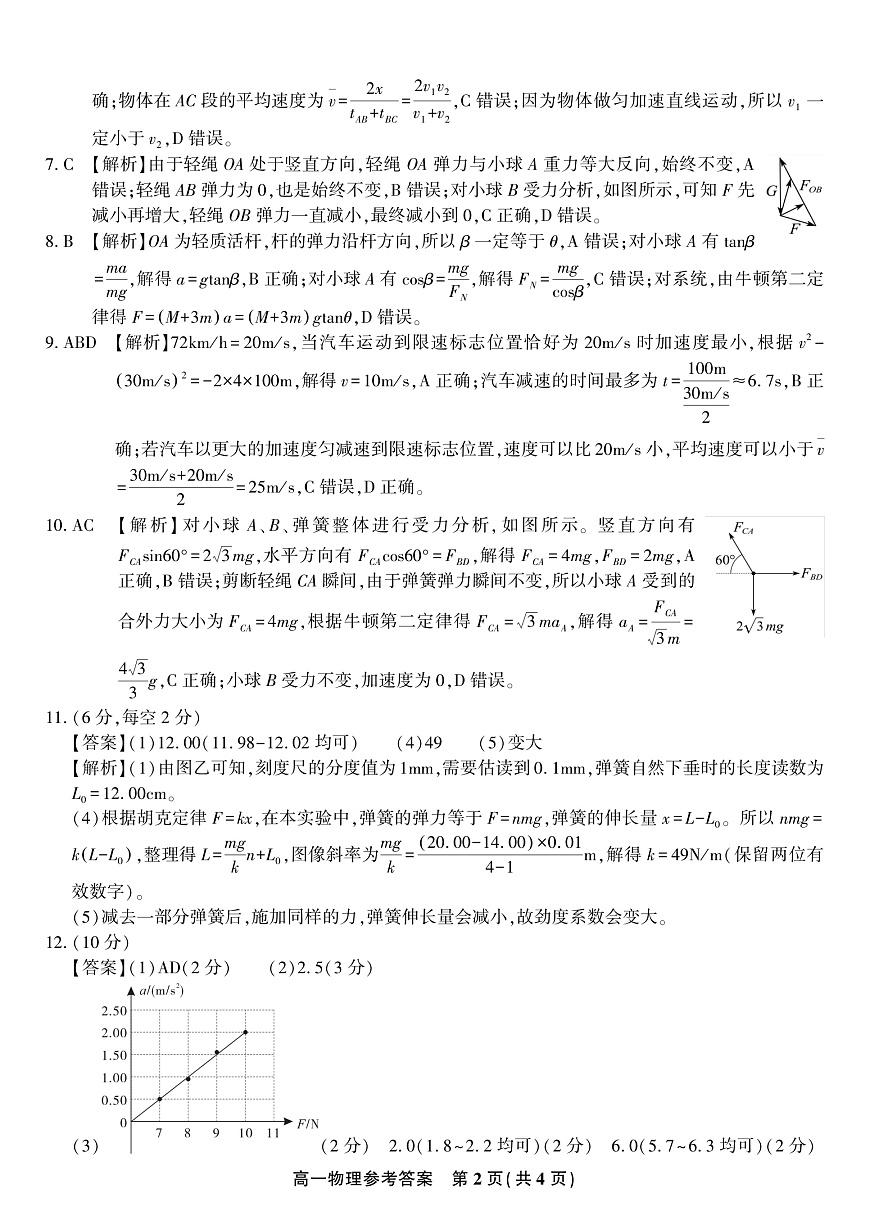 物理答案·2025年1月高一上期末联考第2页