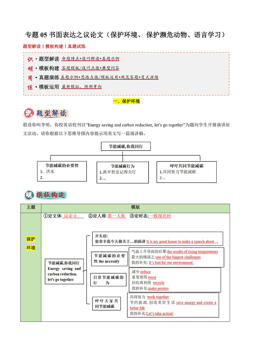 专题05 书面表达之议论文（保护环境、 保护濒危动物、语言学习）-2025年中考英语答题技巧与模板构建（全国通用）（原卷版）第1页