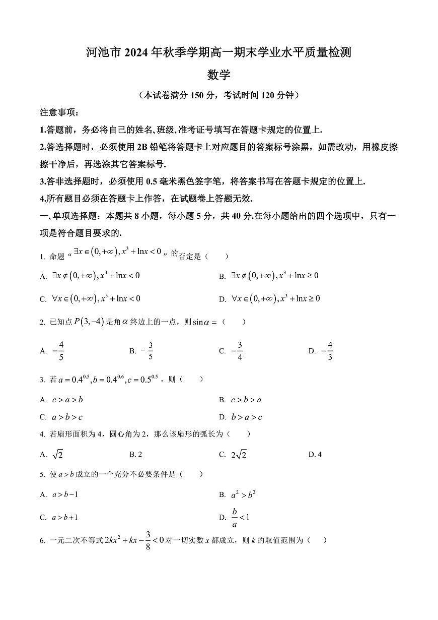 广西壮族自治区河池市2024-2025学年高一上学期期末学业水平质量检测数学试题  Word版无答案第1页