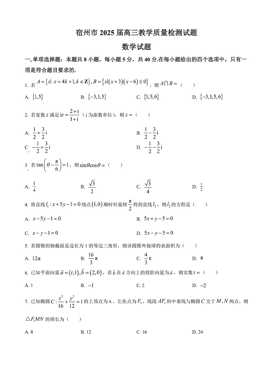 安徽省宿州市2024-2025学年高三上学期期末教学质量检测数学试卷  Word版无答案第1页