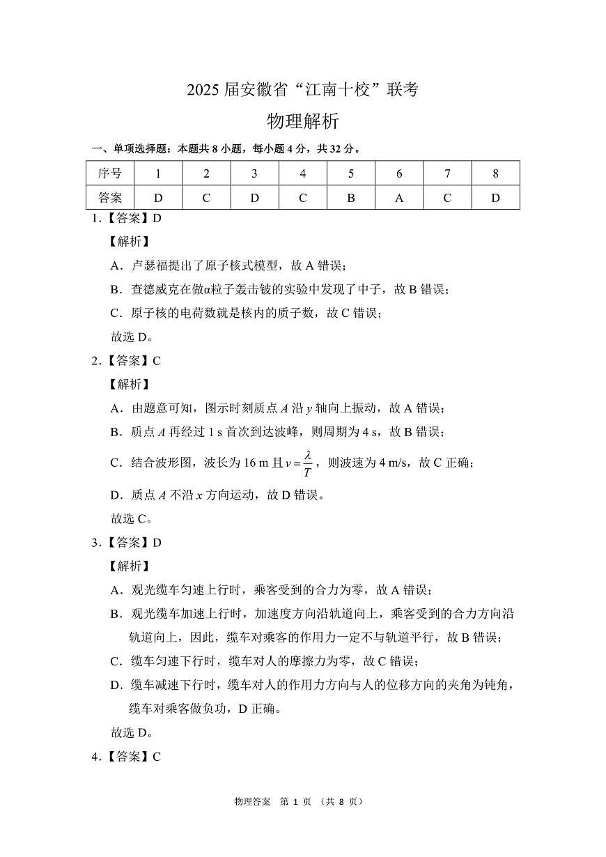 2025届安徽省“江南十校”联考物理参考答案第1页