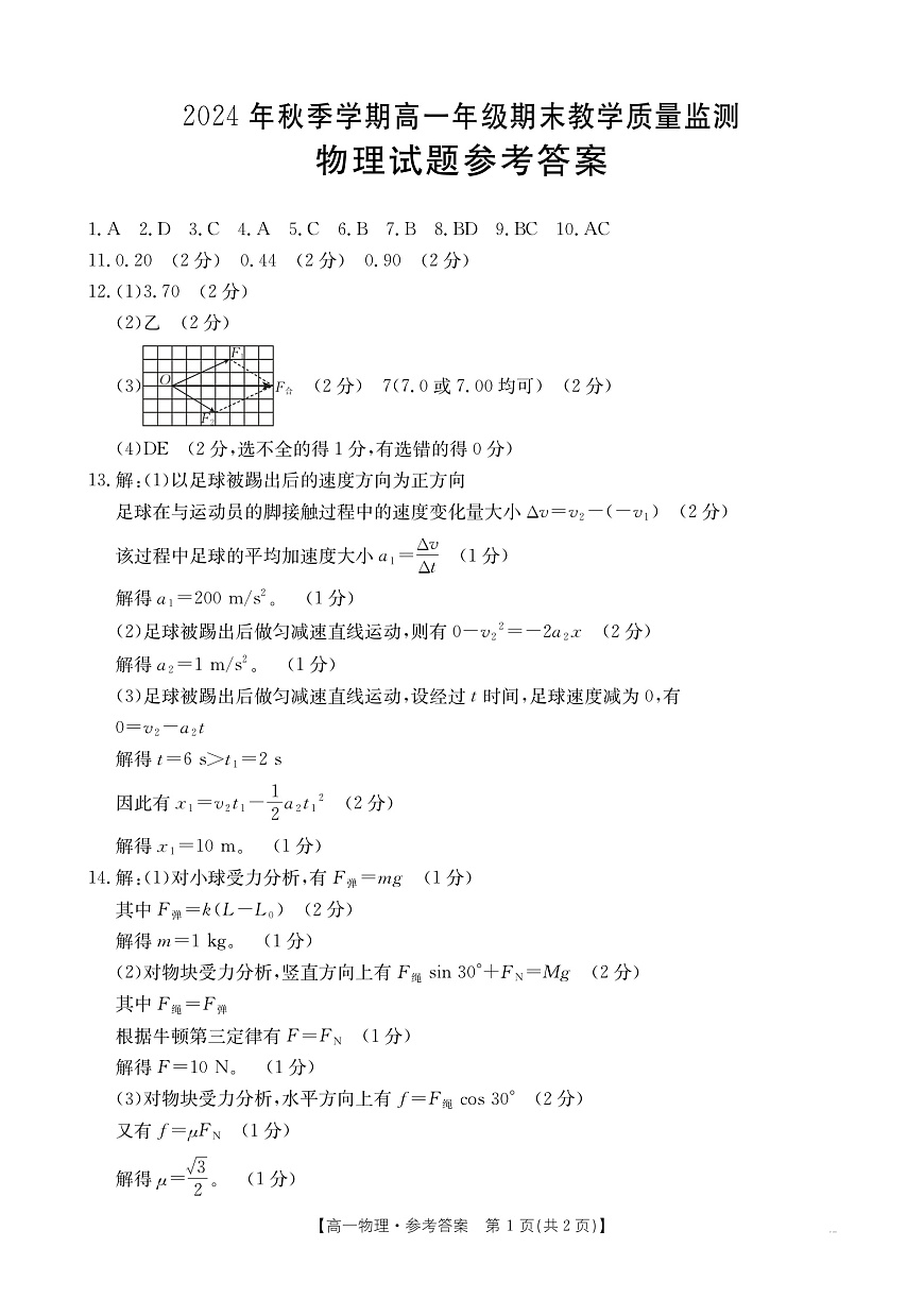 高一物理281A答案第1页