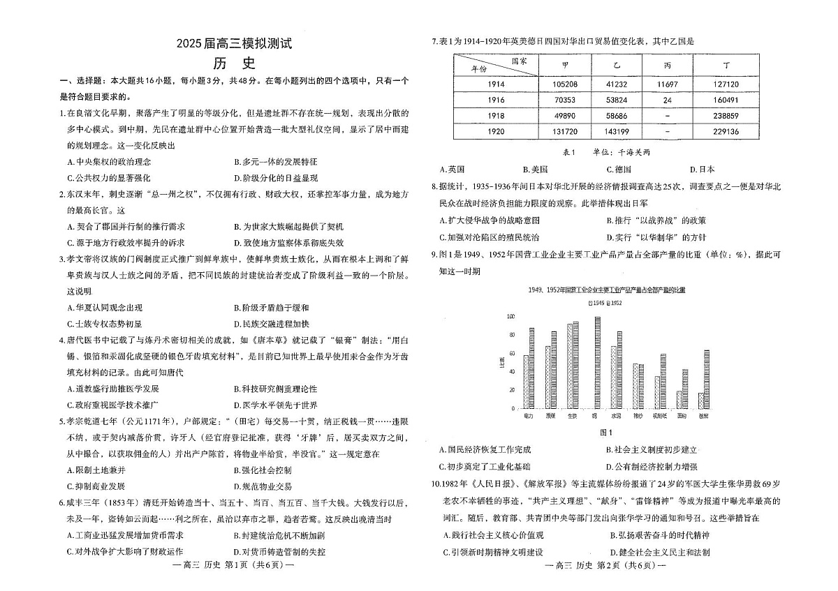 江西省南昌市2025届高三第一次模拟测试历史试题第1页