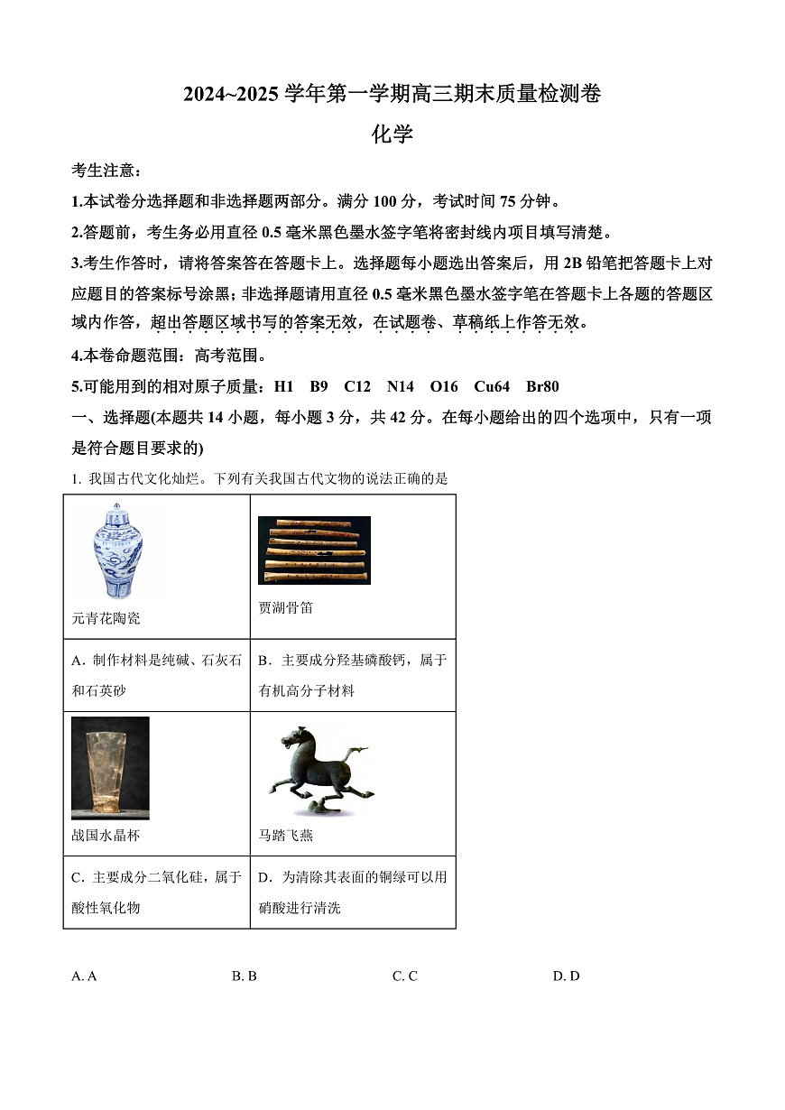 山西省2025届高三上学期1月期末考试化学试题  Word版无答案第1页