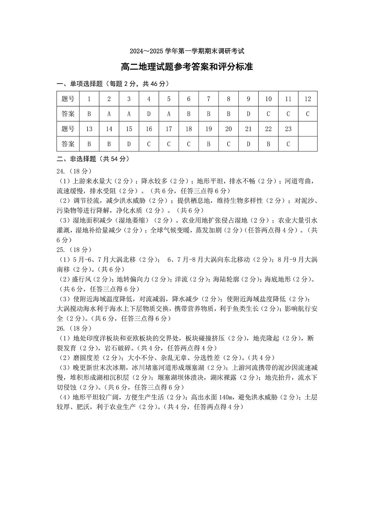 江苏省连云港市2024-2025学年第一学期期末调研考试高二地理答案第1页